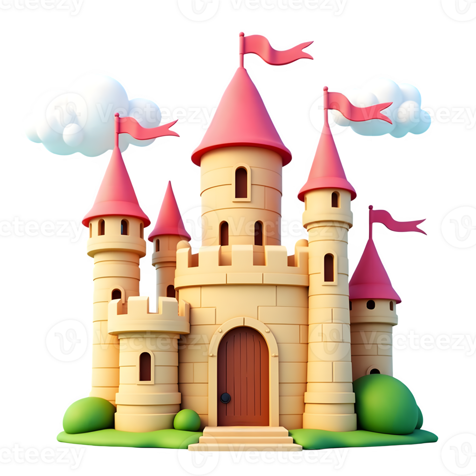 3D Fantasy Castle Colorful Cartoon Fairytale Tower with Flags, Isolated on Transparen Background png