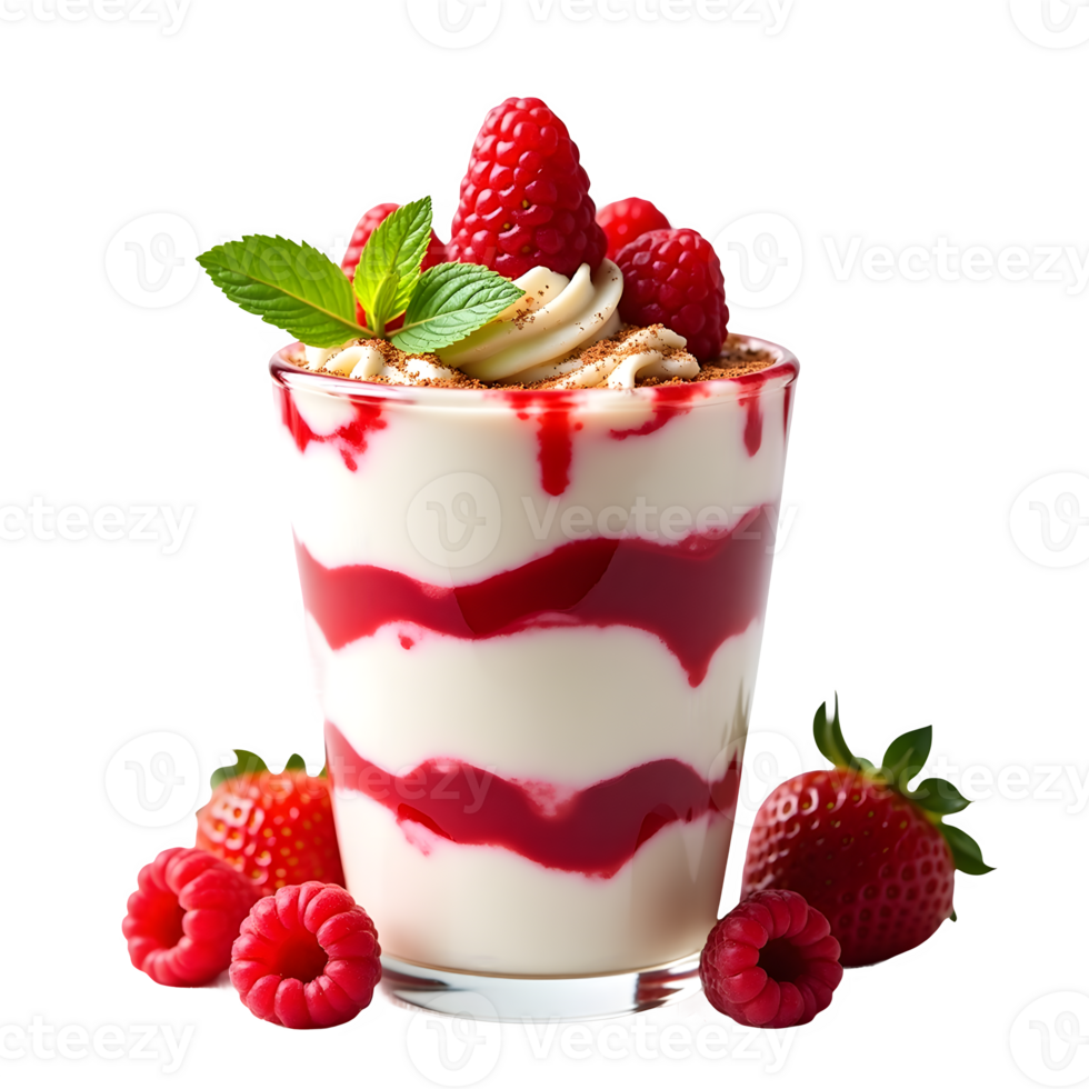 Sweet Yogurt Parfait with Red Berries Strawberry, Raspberry Sauce Isolated on a Transparent Background png