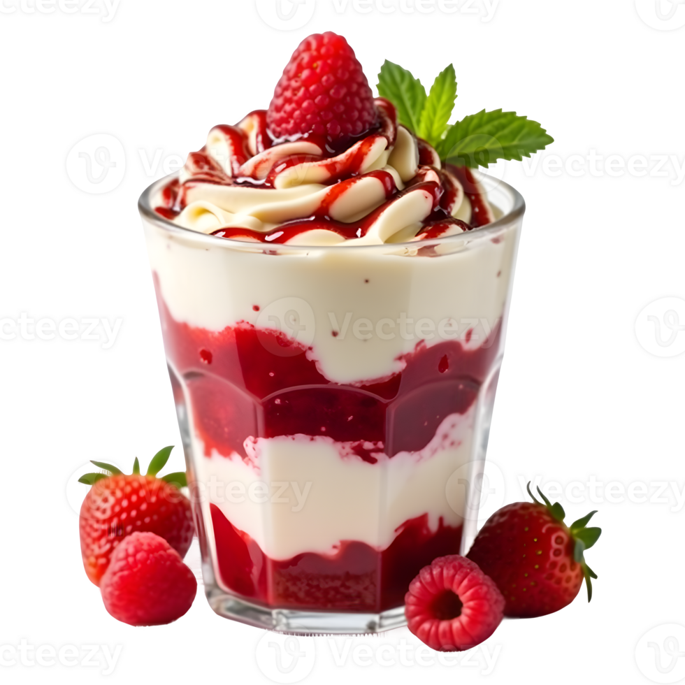 Yogurt Dessert with Berries Strawberry, Raspberry Red Sauce on Transparent Background png