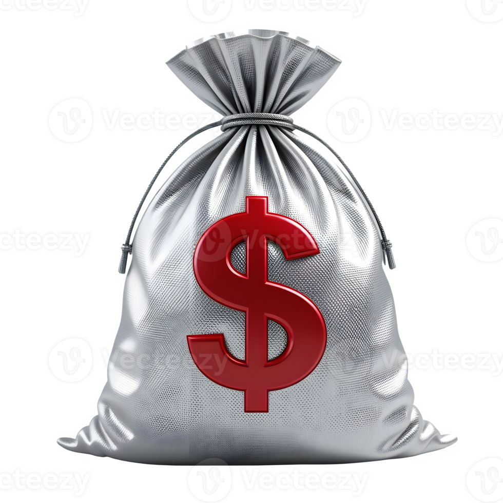 Realistic Silver Coin Bag 3D Model Red Sign Gold Coins Clean Transparent Background png