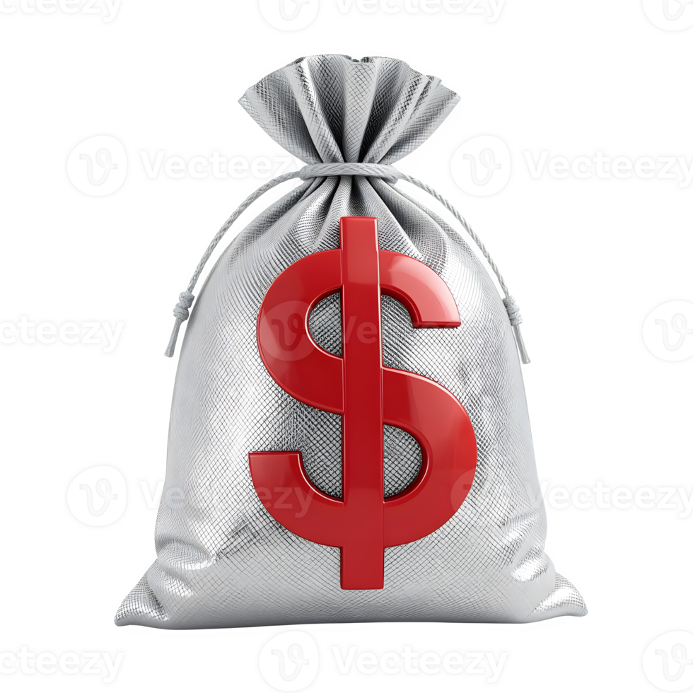 Silver Treasure Bag 3D Render Red Currency Symbol Gold Coins on Transparent Background png