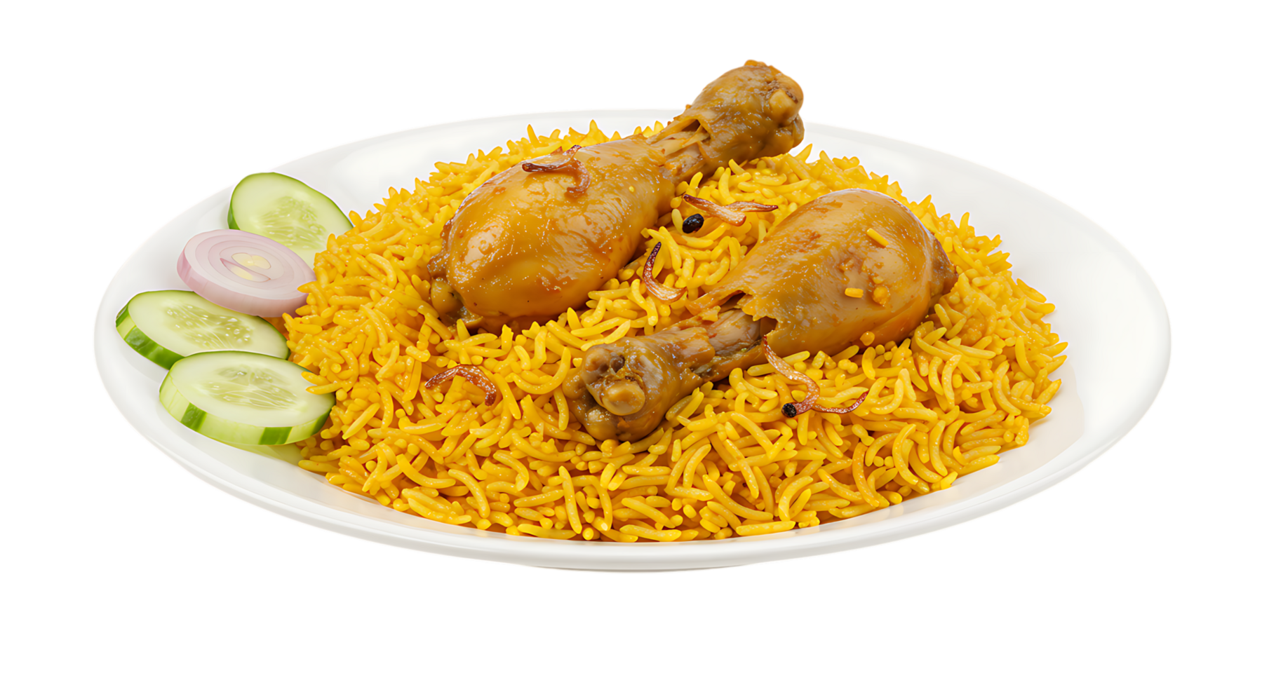 Chicken Biryani with Drumsticks, Cucumber and Onion Slices on White Plate png