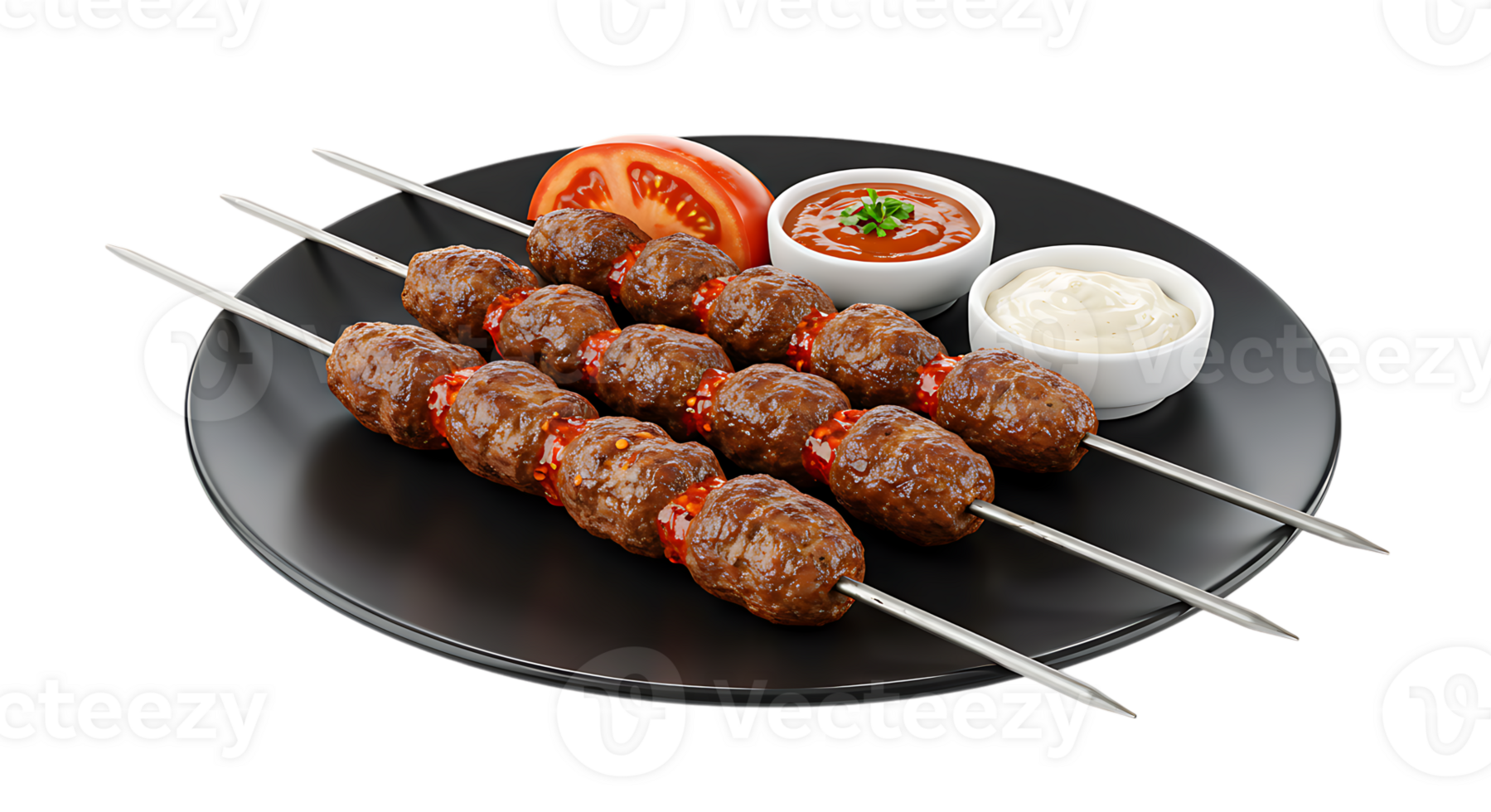 kebab meat skewers on a black plate with sauce and tomatoes png