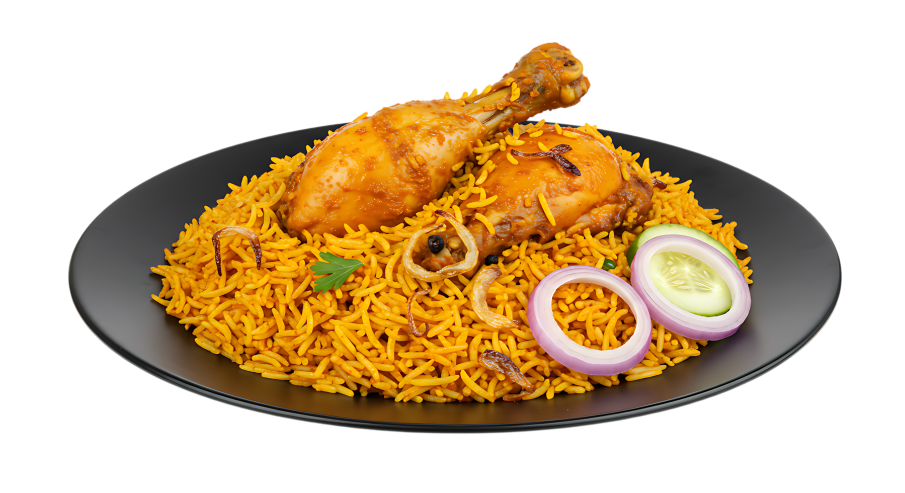 Delicious Chicken Biryani with Drumsticks and Onion Garnish on Black Plate png