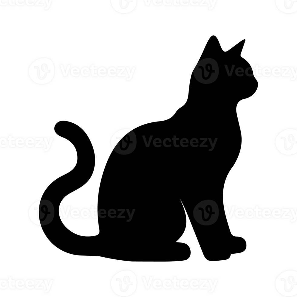 Elegant black cat silhouette sitting gracefully simple feline art graphic design element perfect for pet lovers minimalist black and white image easy to use illustration png
