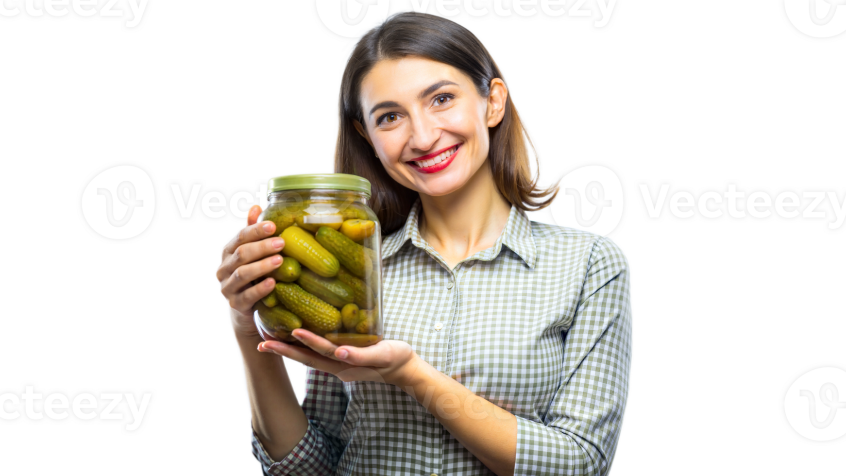 Woman holding a jar of homemade pickles png