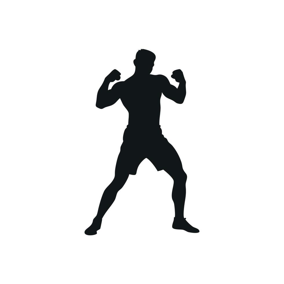 Silhouette Of Confident Muscular Man Flexing Biceps In Ready Stance Against White Background Depicting Strength And Determination vector