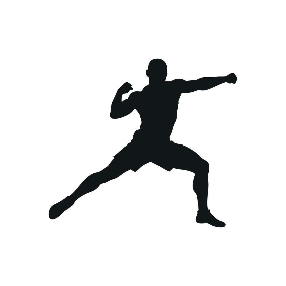 Silhouette Of A Muscular Man Practicing Martial Arts Isolated On White Background Demonstrating Punching Technique And Powerful Form Athletic Training vector