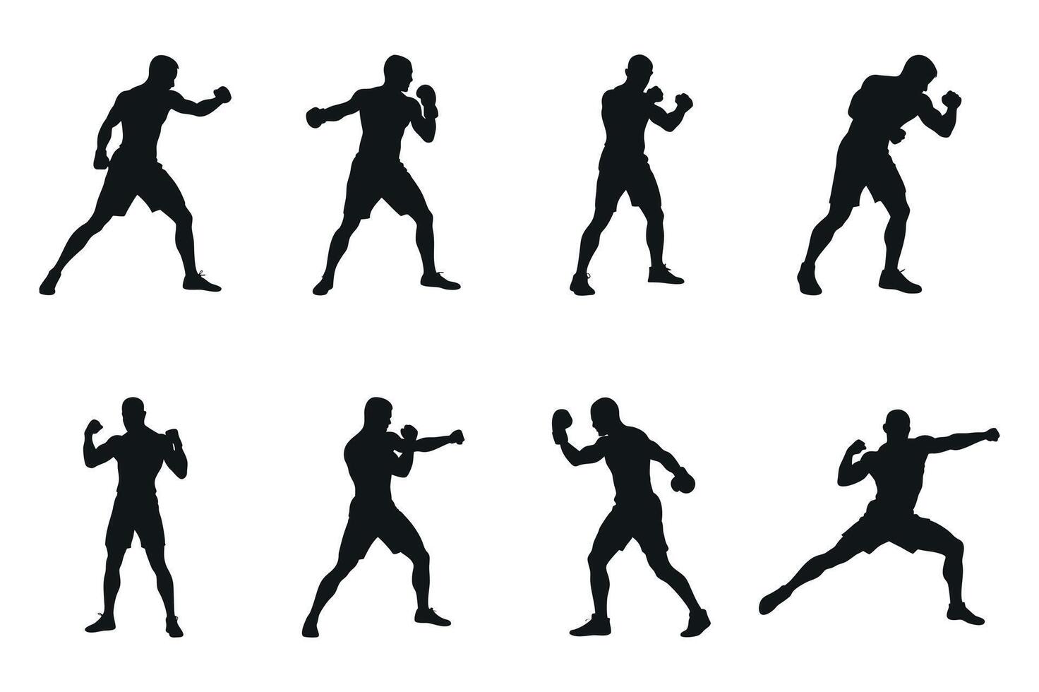 Set Of Boxer Silhouettes In Various Fighting Poses Isolated On White Background For Sport And Fitness Content Design Element vector