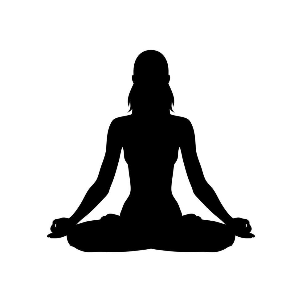Silhouette Of Woman Practicing Meditation In Lotus Pose Serene Mindfulness And Wellness Black Figure On White Background vector