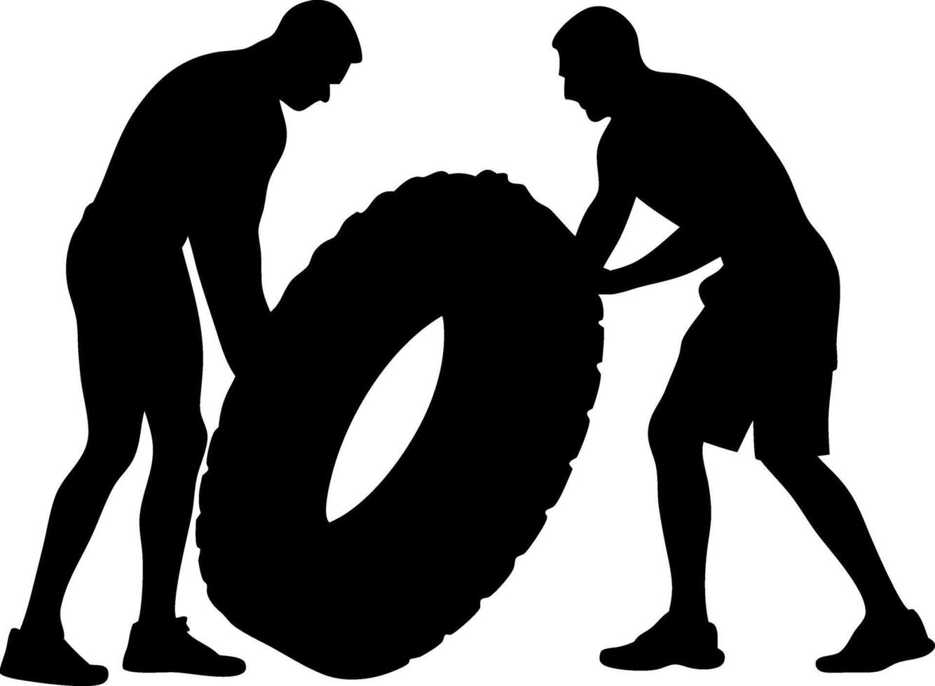 Silhouette Of Two Men Flipping Tire Intense Crossfit Training And Strength Workout Black And White Illustration vector