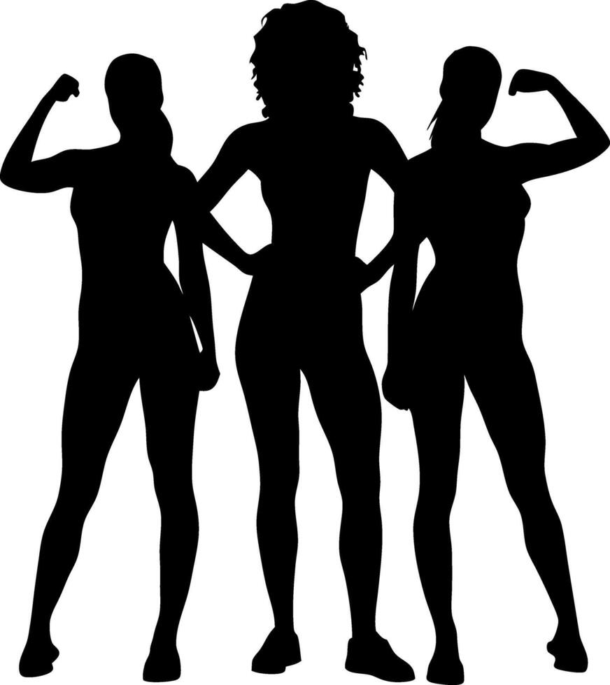 Strong Women Team Silhouette Illustrating Fitness And Empowerment Graphic Three Athletic Figures Flexing Biceps In Unison Representing Power And Determination vector
