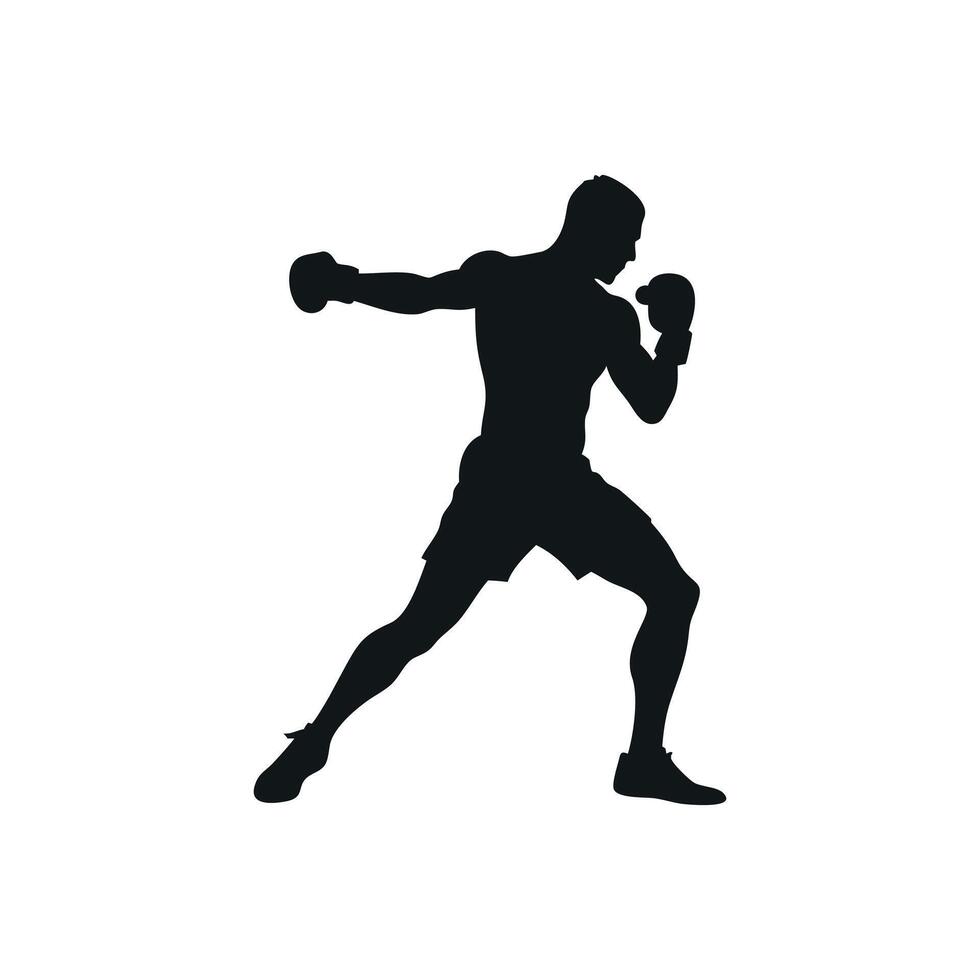 Boxer Silhouette Throwing A Punch Isolated Against White Sport Training Black Shape Graphic Design Physical Activity Bodybuilder Athlete vector