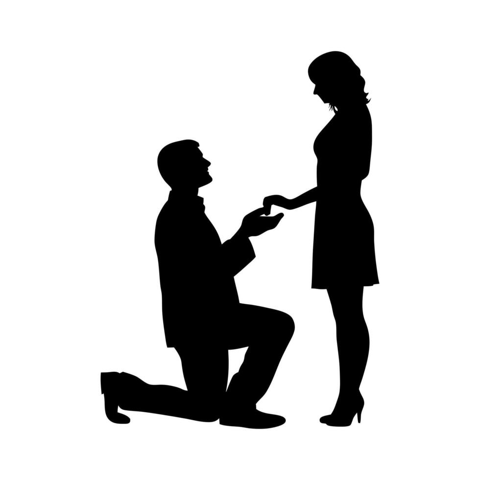 Proposal Silhouette With Man On Knee And Woman Wearing Heels In Minimalistic Black And White Design For Valentines Day vector