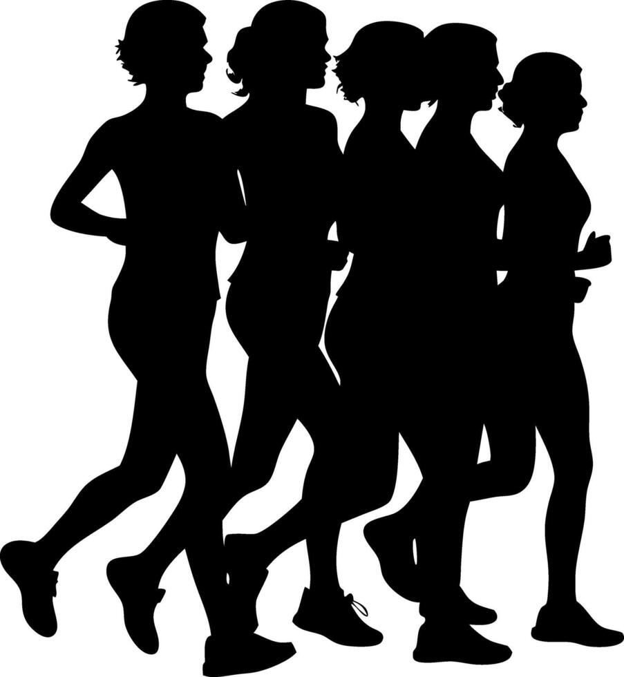 Silhouette Of Women Running Together In A Group Black And White Graphic Illustration For Fitness Lifestyle And Healthy Living Concepts vector