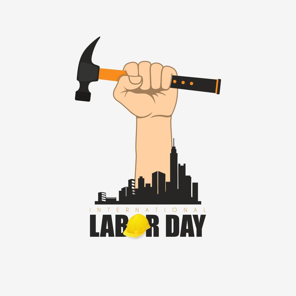 International Labor Day, with an illustration of an urban building and a hand holding a hammer vector