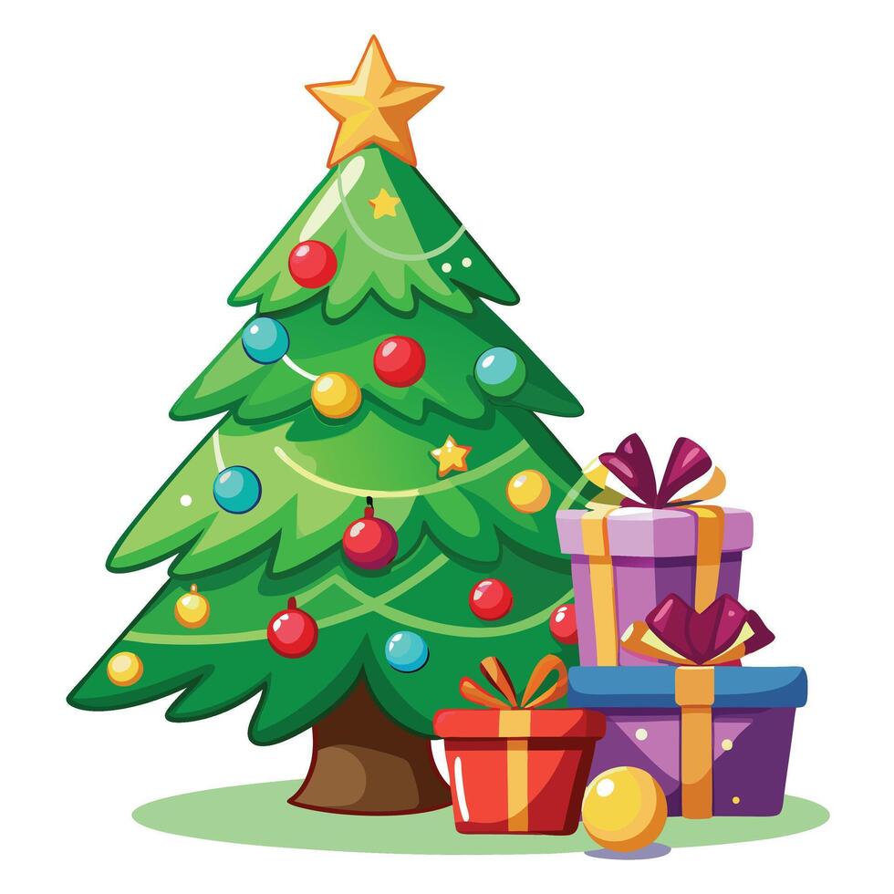 Christmas tree and gift boxes flat design isolated on white background vector