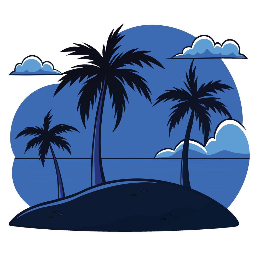 Blue beach view with silhouettes of coconut trees vector