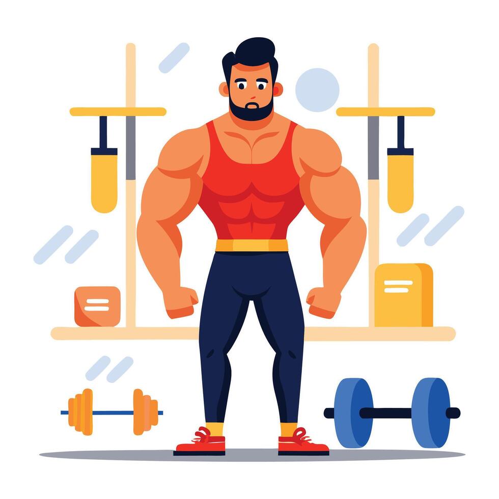 Bodybuilder at gym on white background vector