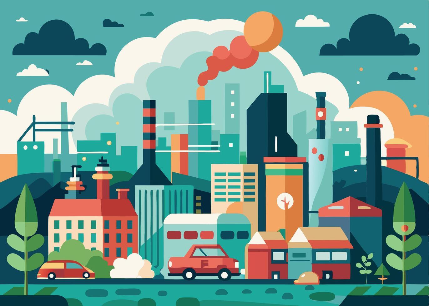 City air pollution. Smog pollutants, suffocation environment vector