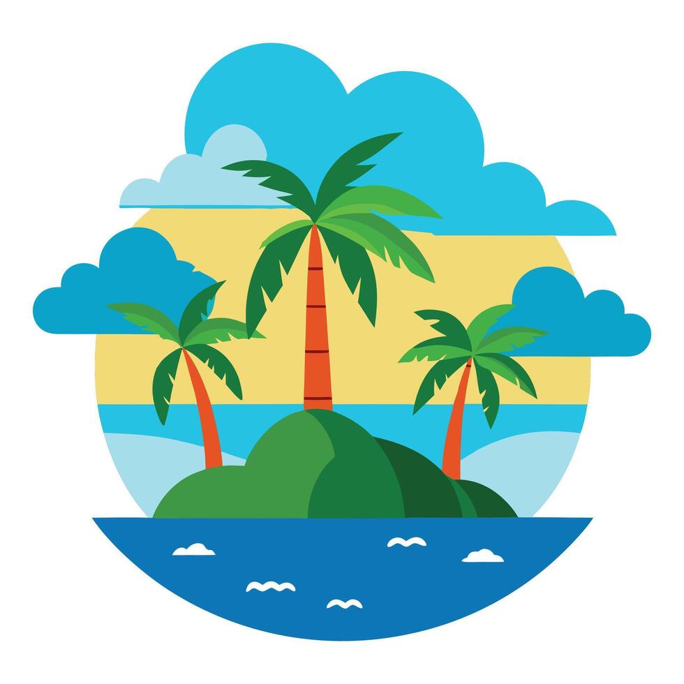 Island with palms, sun, clouds flat design on white background vector