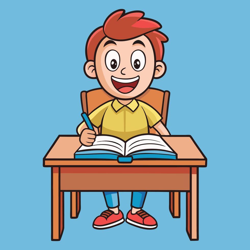 Happy cartoon illustration of a student sitting at a desk with an open book vector