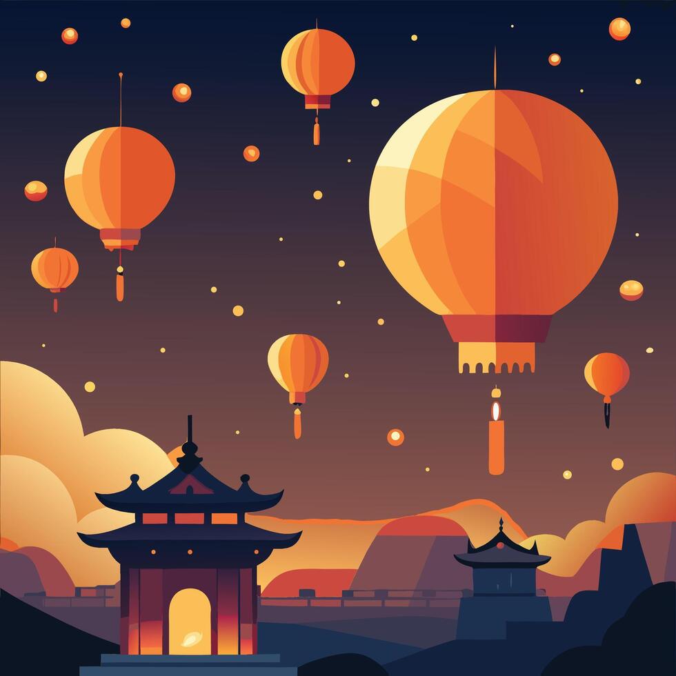 Lantern release during yi peng festival with night sky vector