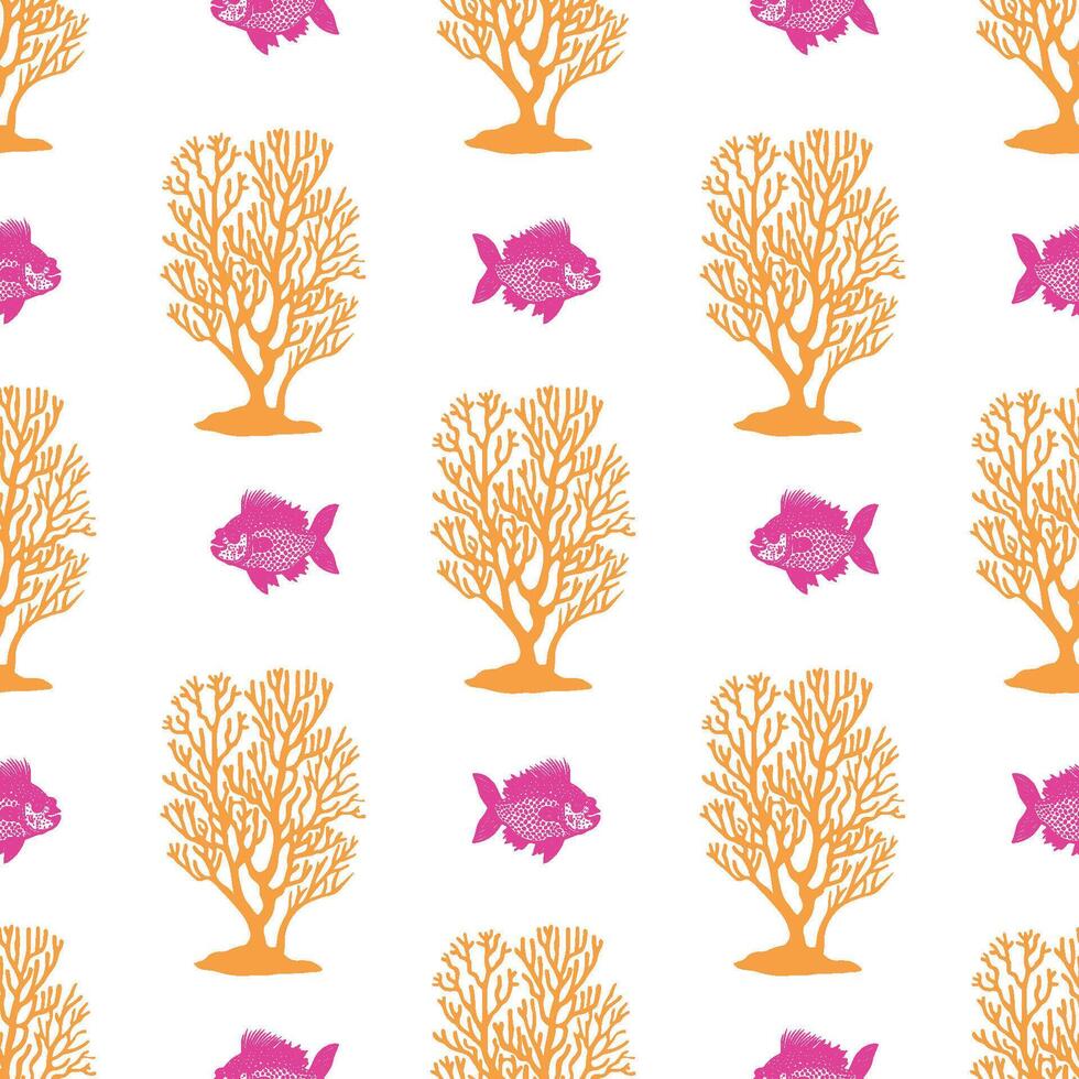 Colorful seamless pattern featuring vibrant fish and coral shapes on a clean white background creating a playful, ocean-inspired design vector