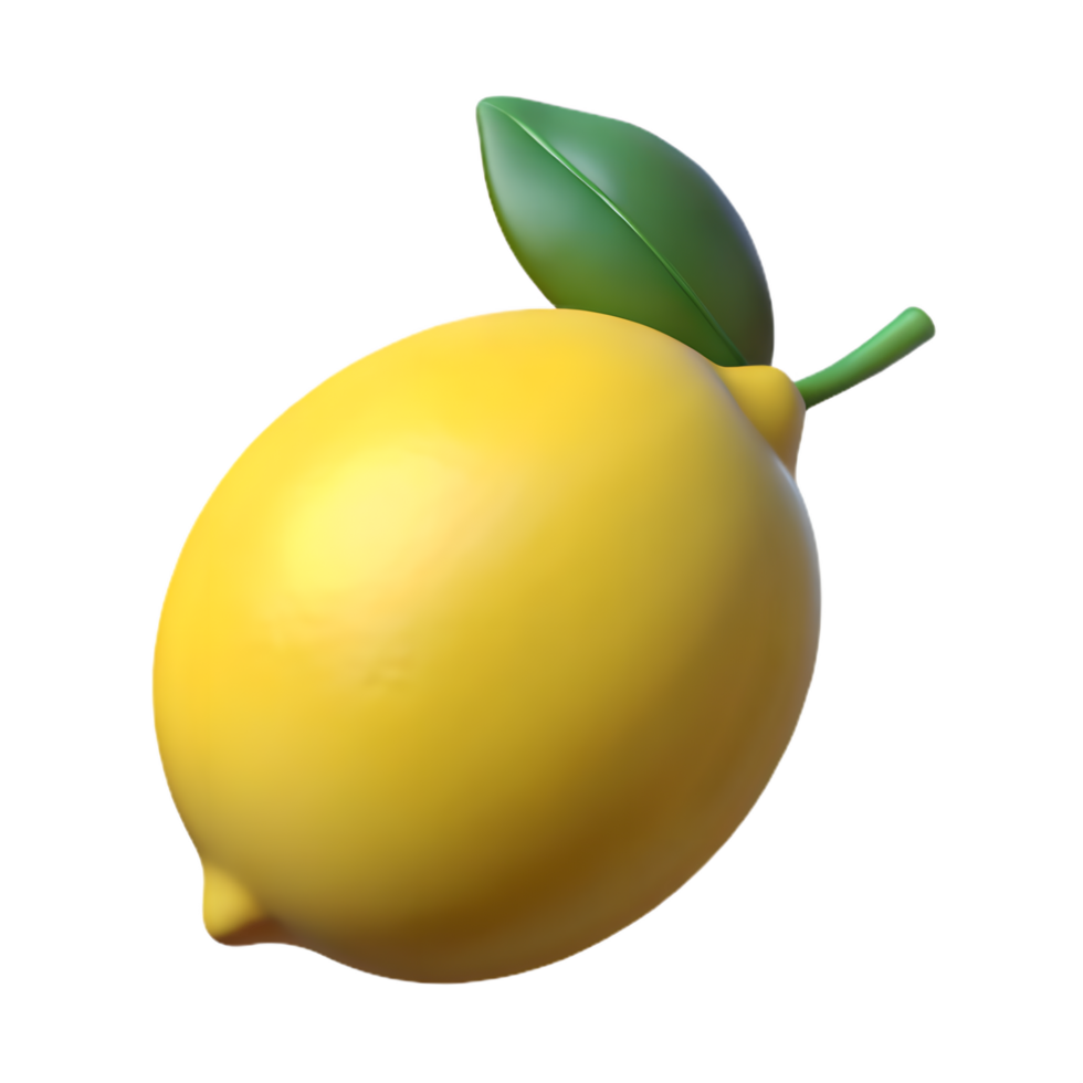 A vibrant, photorealistic depiction of a single, perfectly ripe lemon with a fresh green leaf, rendered with glossy texture, capturing the essence of freshness and citrus delight. png