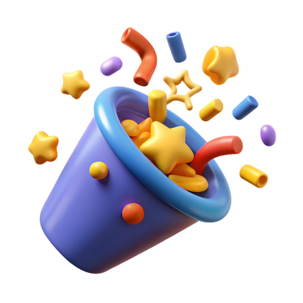 A vibrant, three-dimensional bucket overflowing with an assortment of colorful sprinkles, conveying a sense of joy and celebration. png
