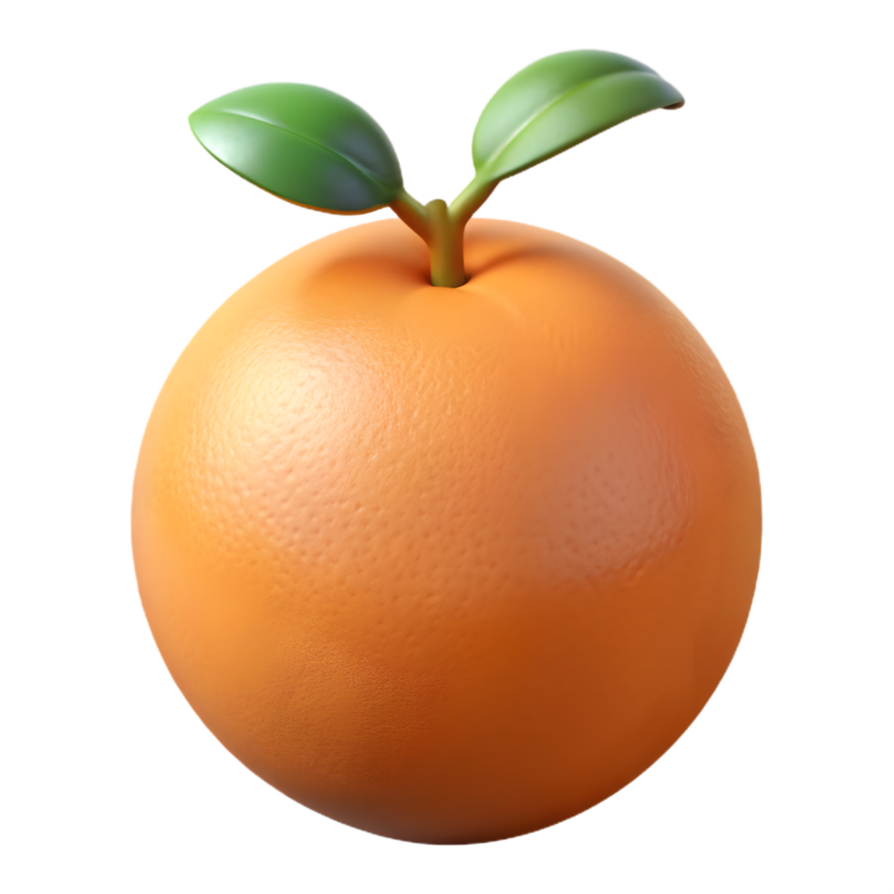 A vibrant orange fruit with two green leaves. A perfect symbol of health and refreshment, captured in a photorealistic style. png