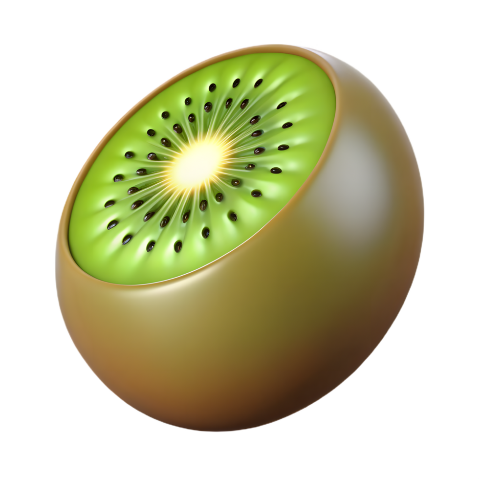 A studio shot of a sliced kiwi fruit, showcasing its vibrant green flesh dotted with tiny seeds, against a smooth surface. png