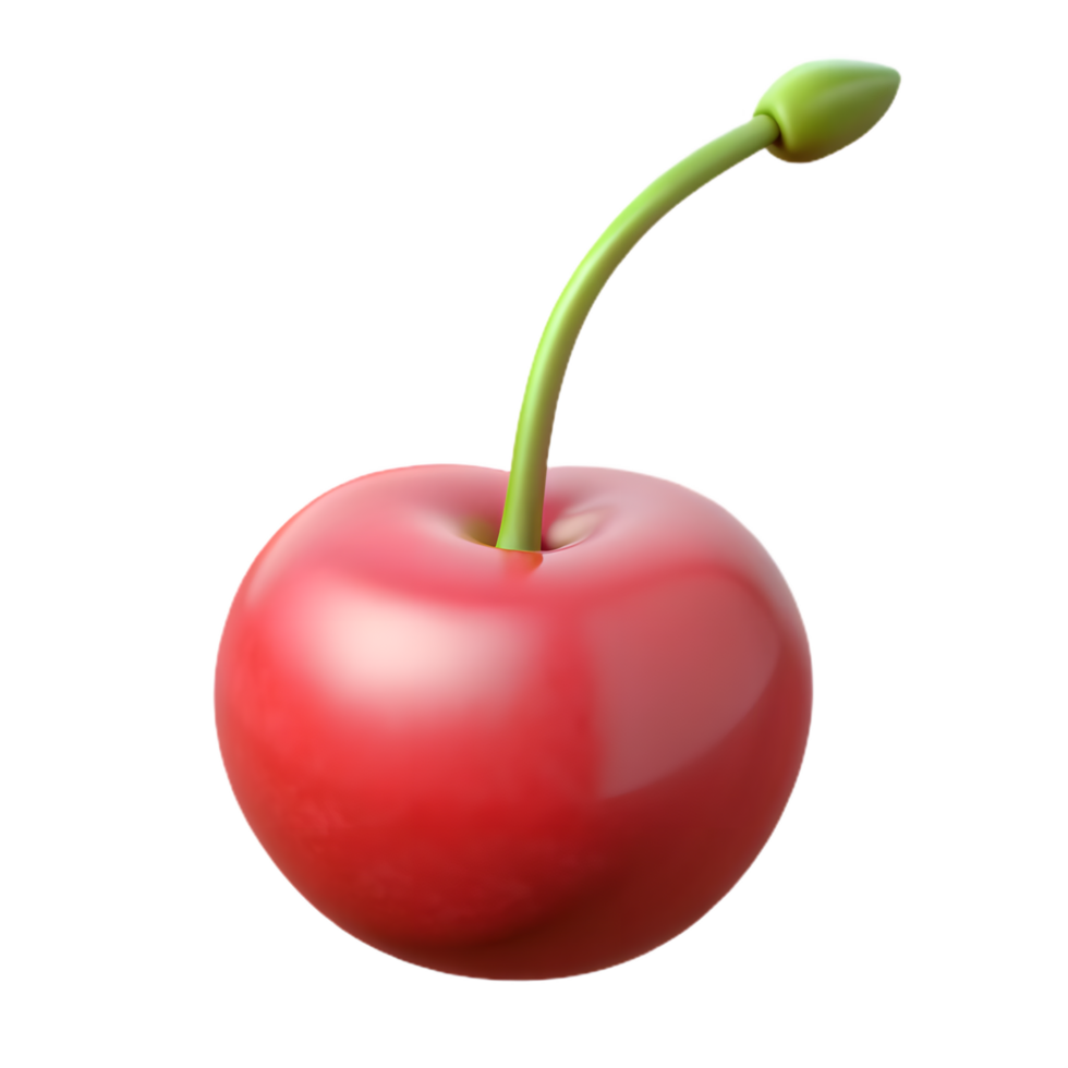 A luscious, glossy cherry with a vibrant red skin and a fresh, green stem, isolated, inviting a burst of fruity deliciousness png