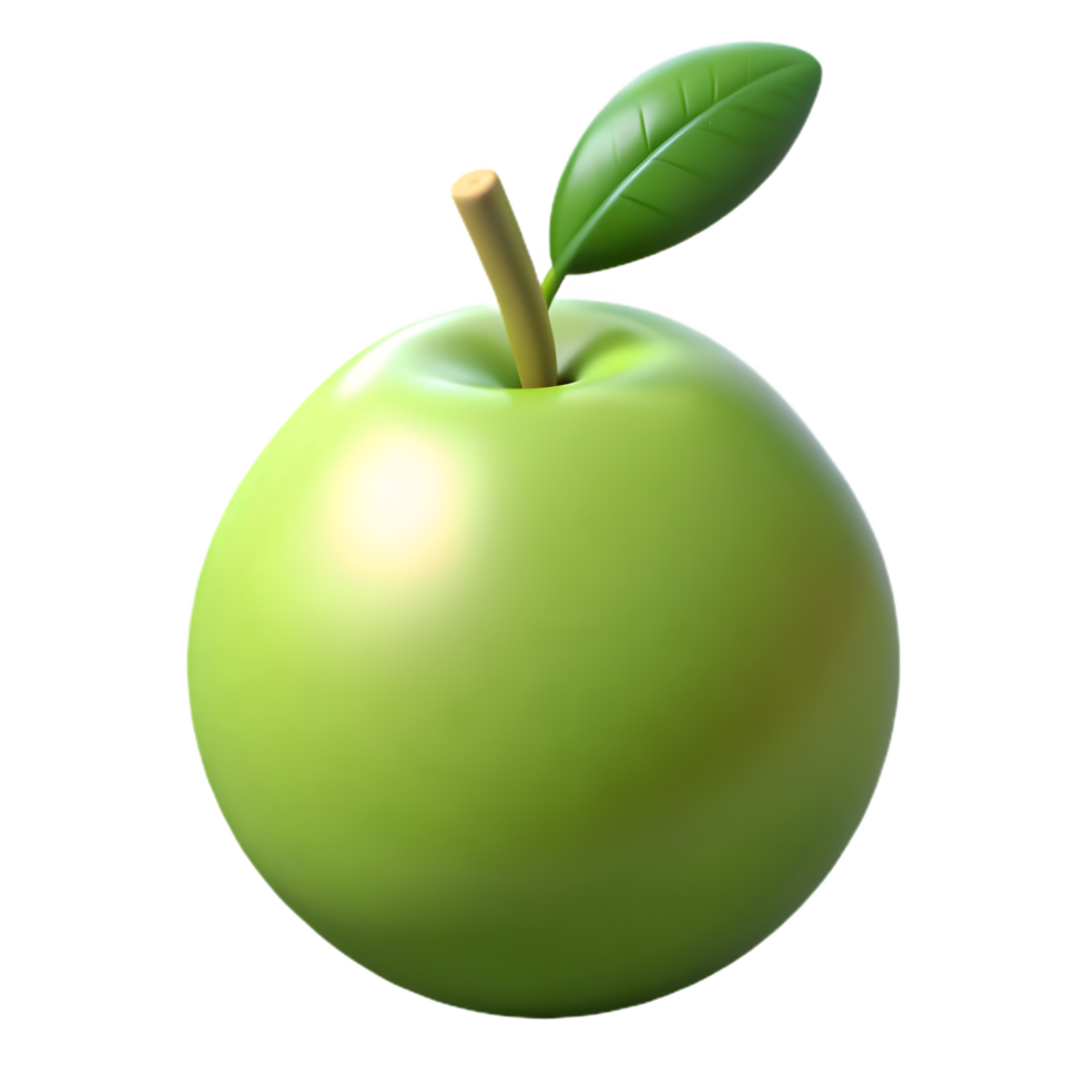A vibrant green apple, complete with a stem and leaf, poised in the image, symbolizes health and freshness. png