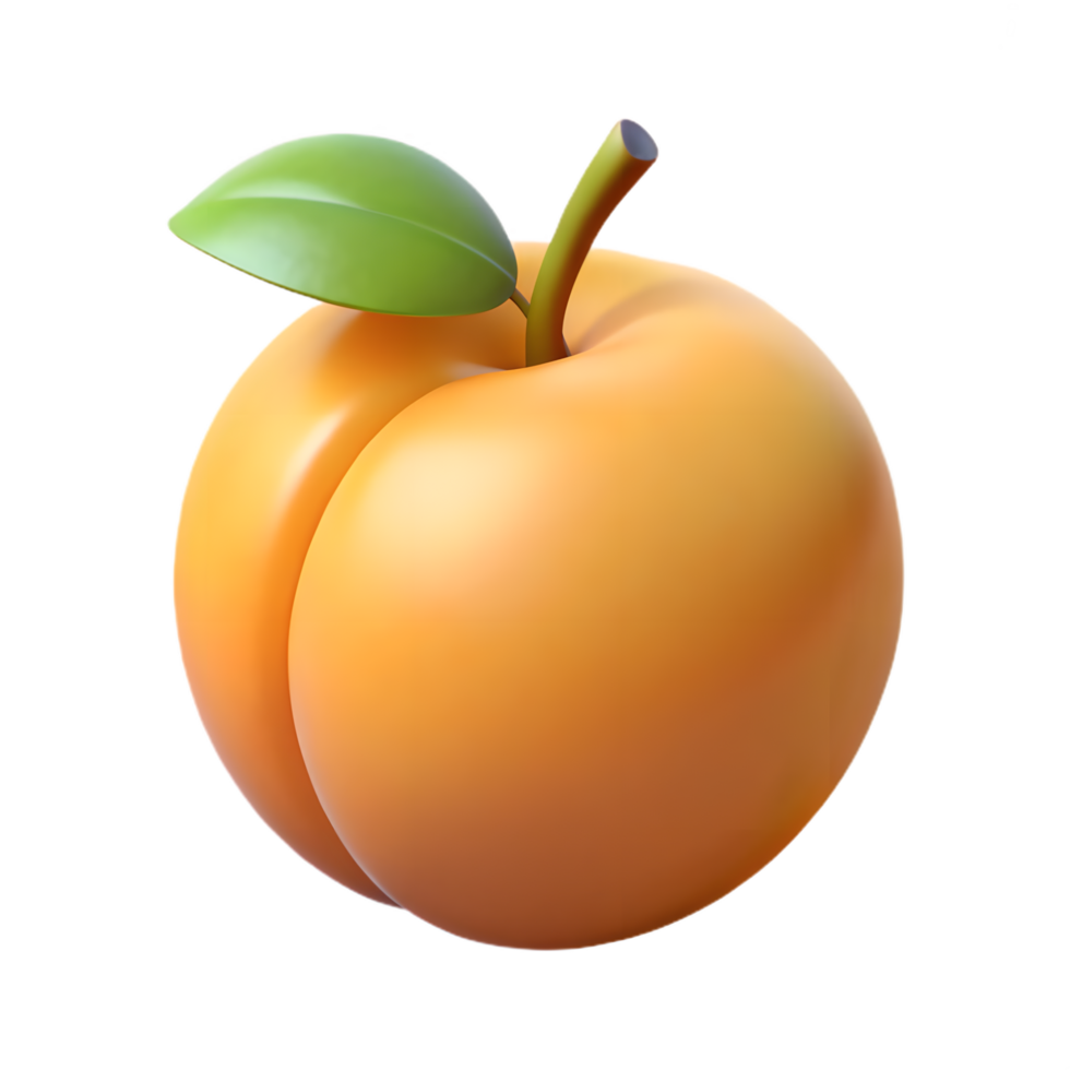 A vibrant, photorealistic close-up of a ripe apricot, complete with stem and a fresh green leaf, showcasing the natural beauty and simple elegance of the fruit. png