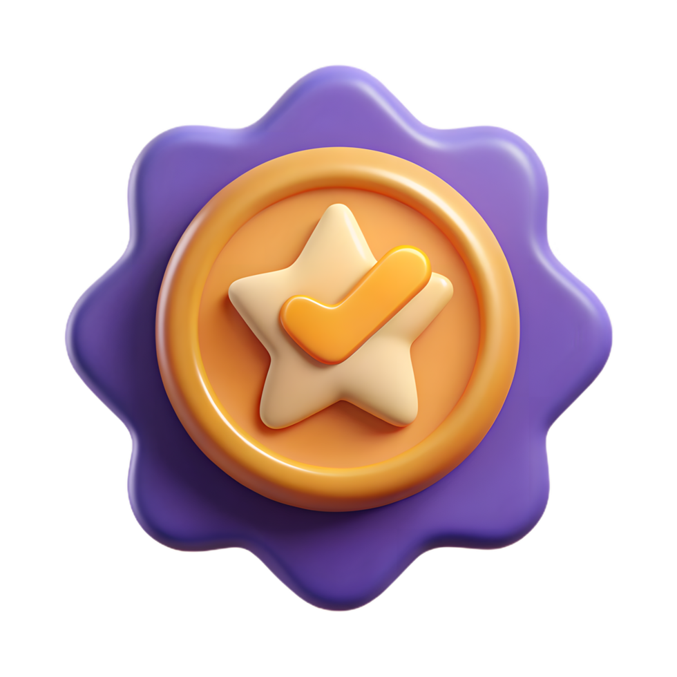 A vibrant illustration of a badge signifying recognition and excellence, featuring a star and a checkmark symbol, ideal for representing achievement, validation, or quality. png