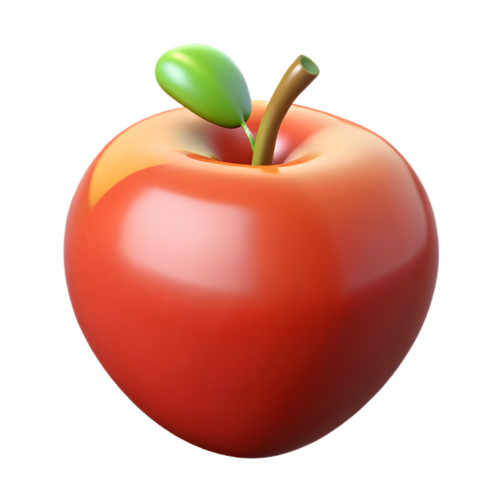 A close-up of a shiny red apple, perfectly formed with a fresh green leaf and brown stem, evokes feelings of health and deliciousness. png