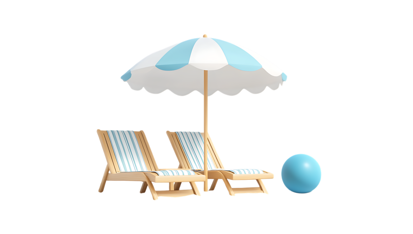 Relaxing beach chairs under a striped umbrella. png