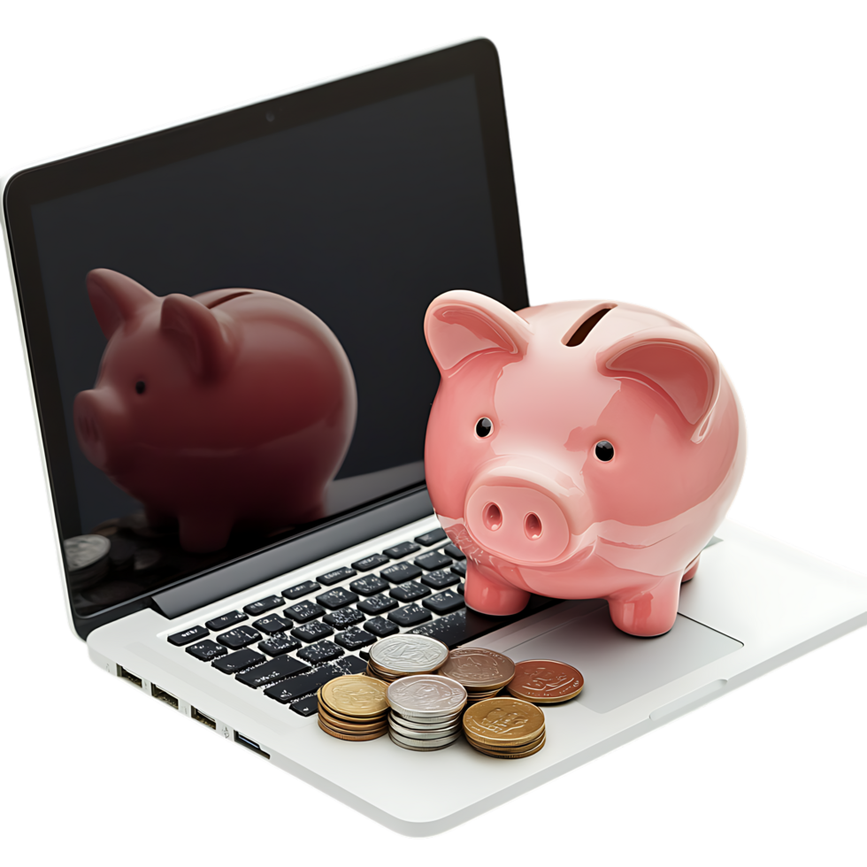 Pink piggy bank on laptop png