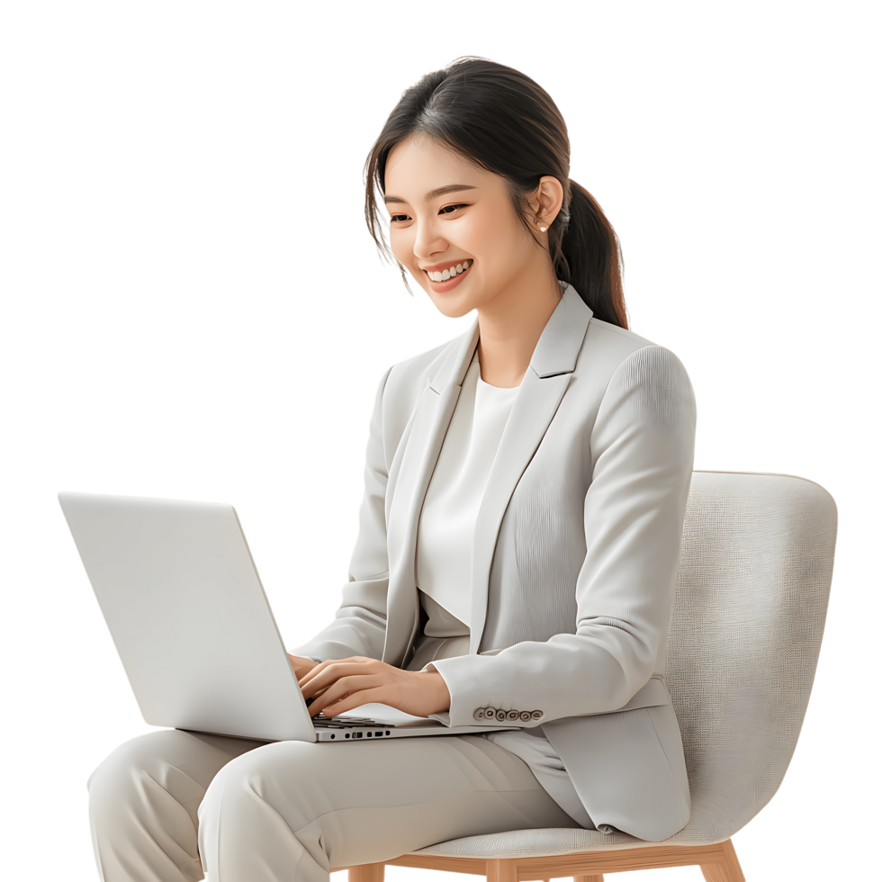 Smiling woman using laptop png