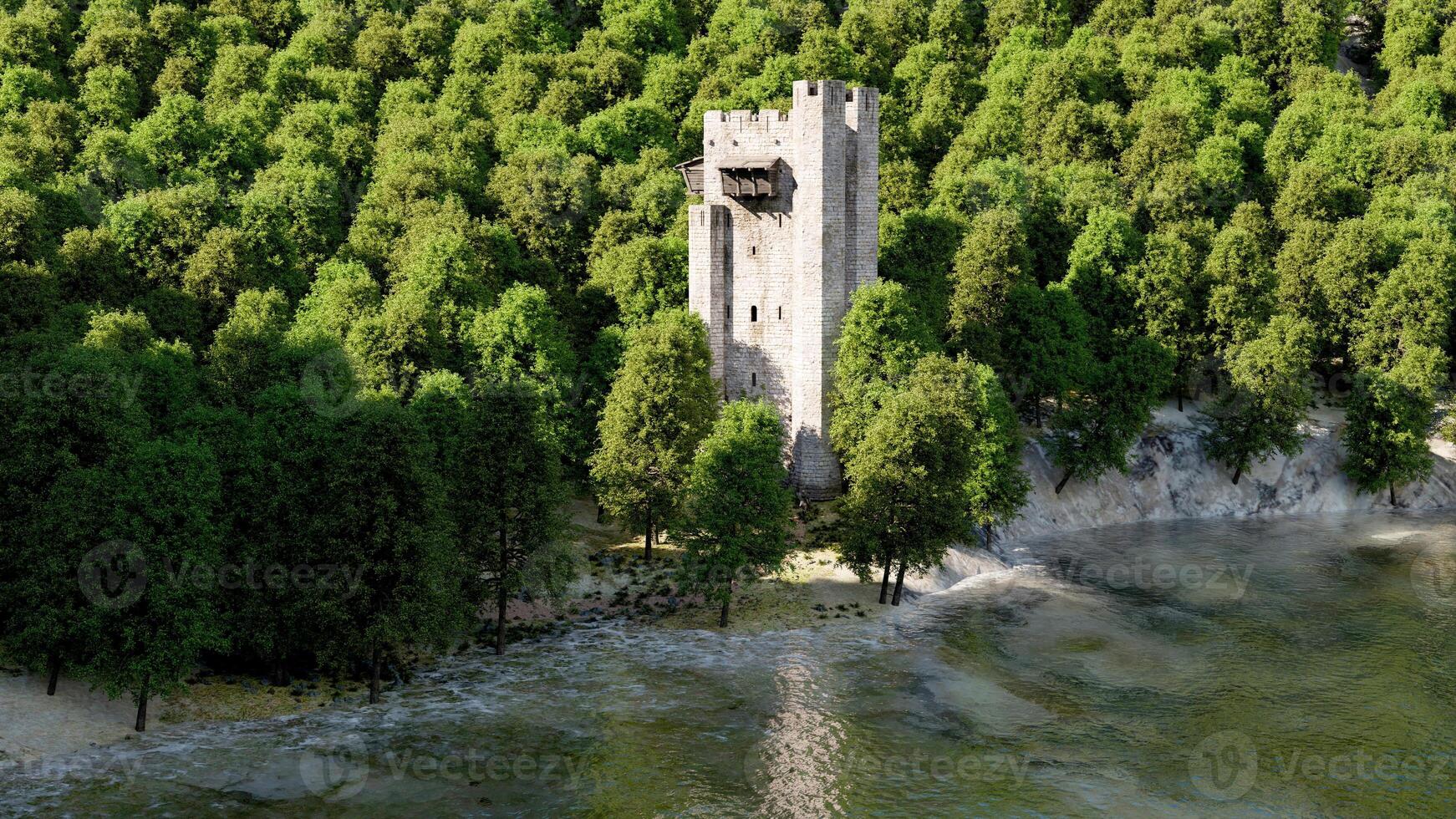 A castle surrounded by trees in the middle of a forest photo