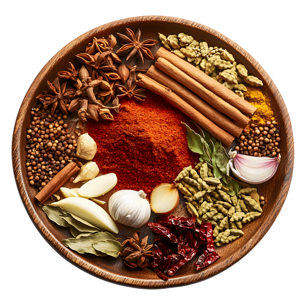 Spices on wooden plate png