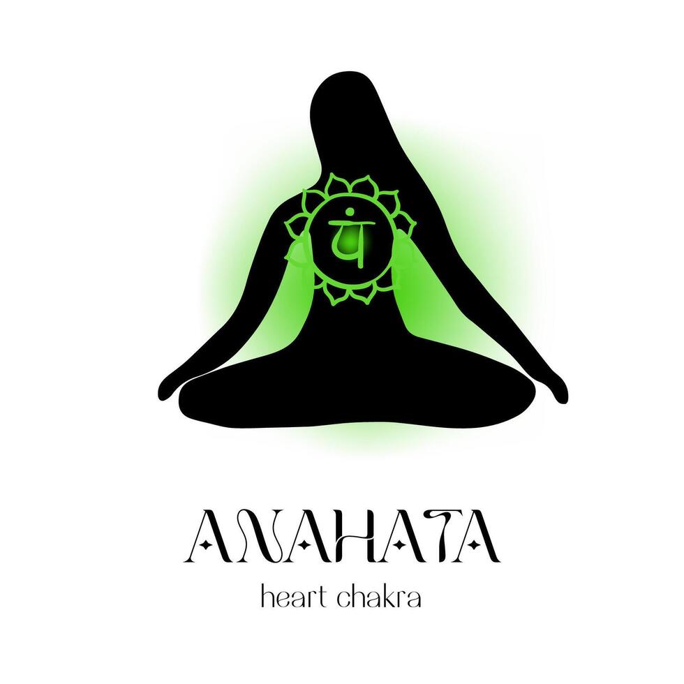 Anahata heart chakra meditation figure with green glow and lotus symbol vector