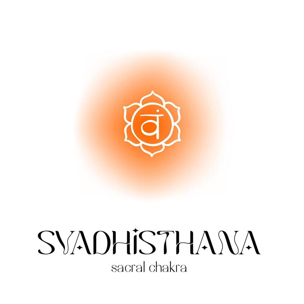 Orange sacral chakra symbol with sanskrit text syadhisthana and radiating energy vector
