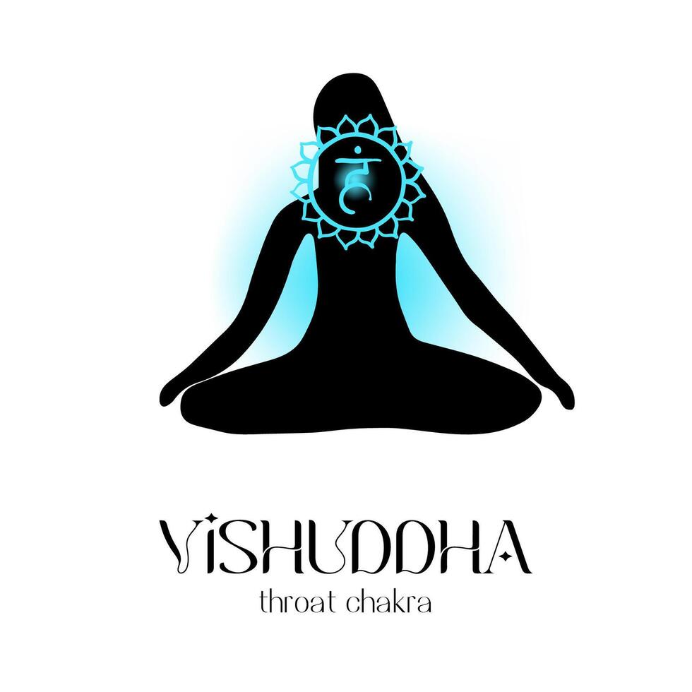 Vishuddha throat chakra symbol with silhouette in meditation pose on white background vector