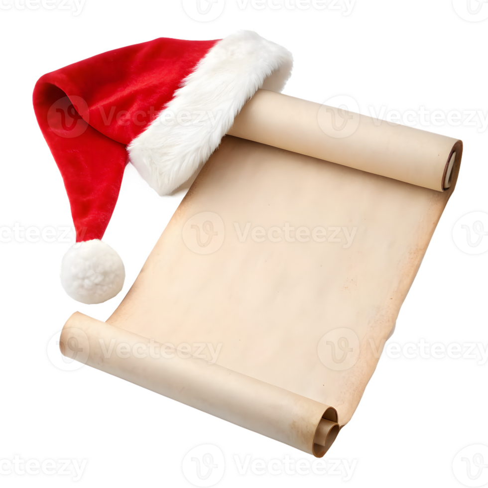 Santa Hat Resting on an Open Scroll on Transparent Background png