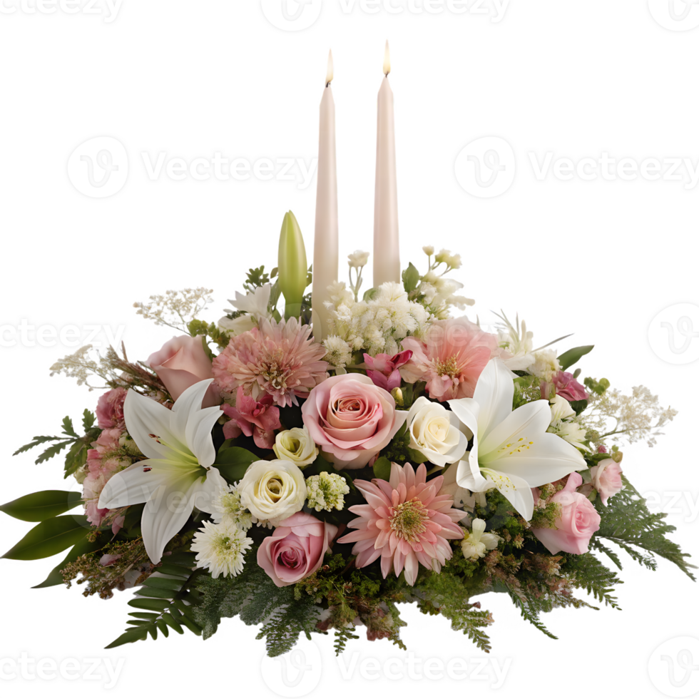 Elegant Floral Centerpiece with Two Lit Taper Candles on Transparent Backgroundace. png