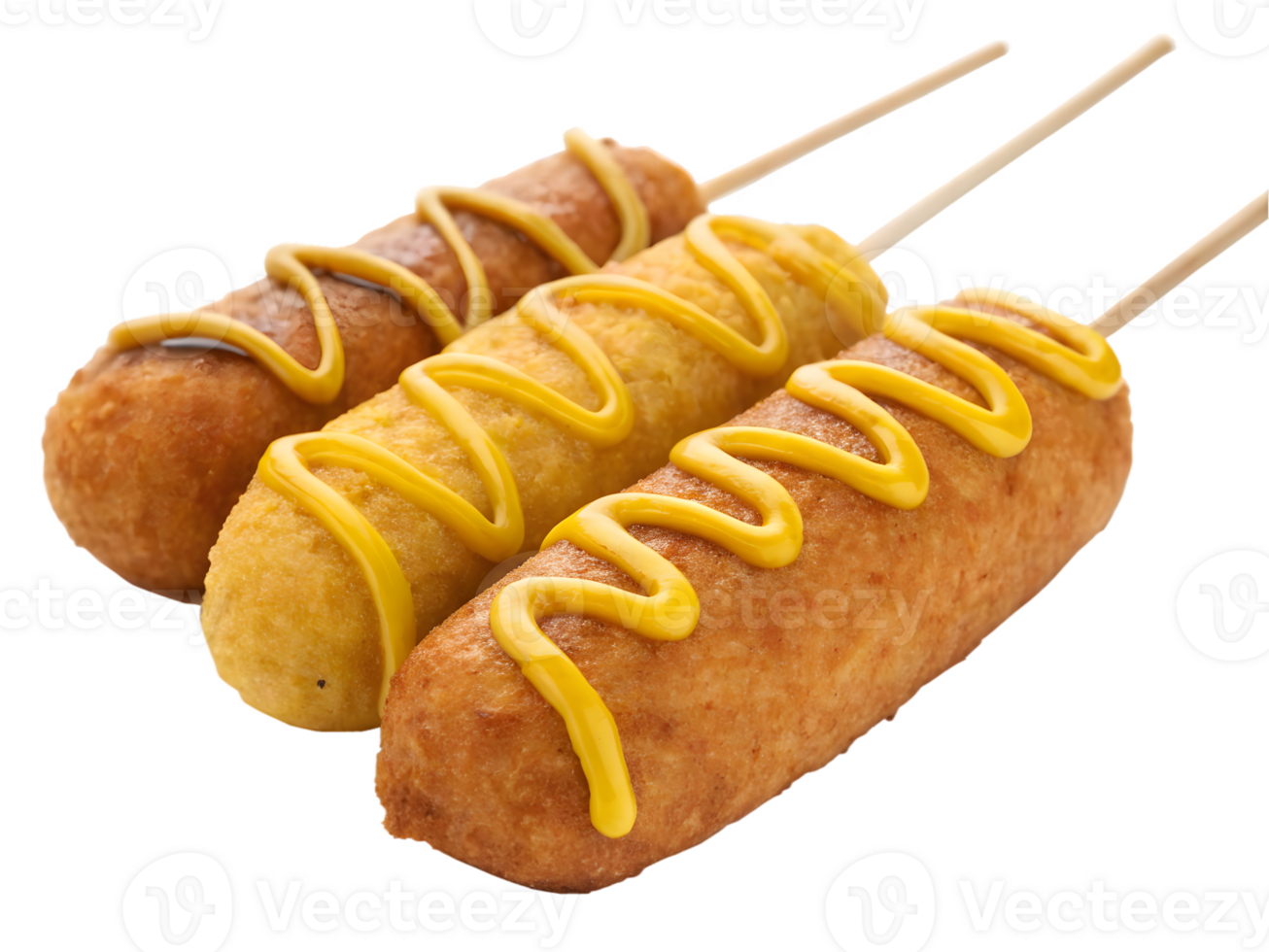 Three Corn Dogs with Mustard, on Transparent Background png