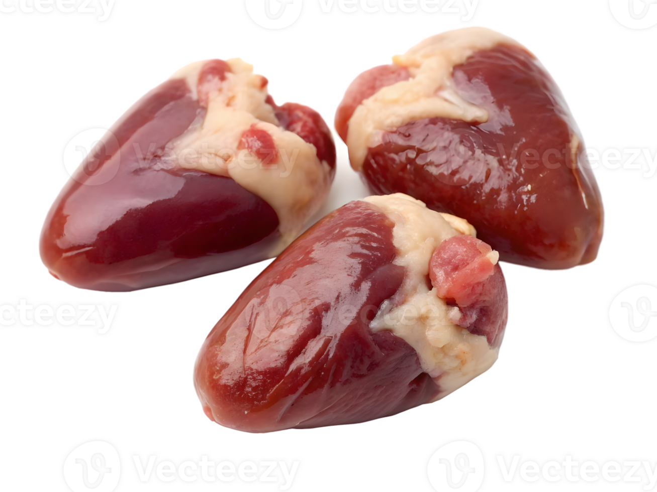 Three Raw Chicken Hearts, Close-up, on Transparent Background png