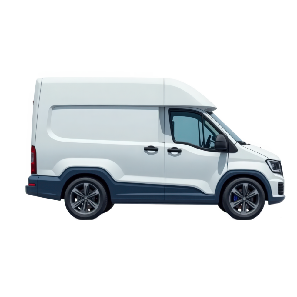 Modern delivery van design, futuristic look, matte white body with blue accents, shown from side-front angle, high detail wheels and textures, clean and suitable for stock illustration png